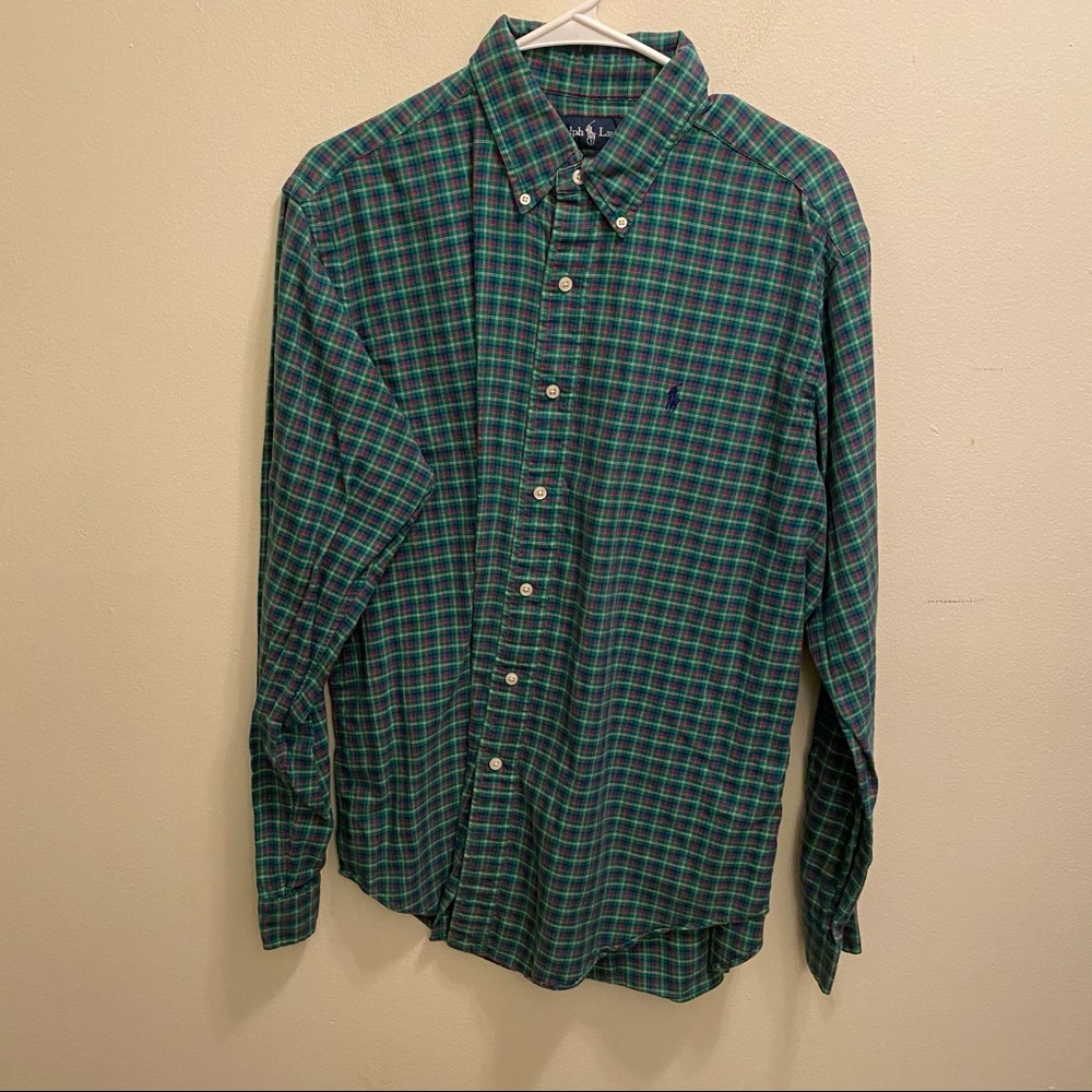 Polo Ralph Lauren Blue Green Plaid Shirt Large EUC